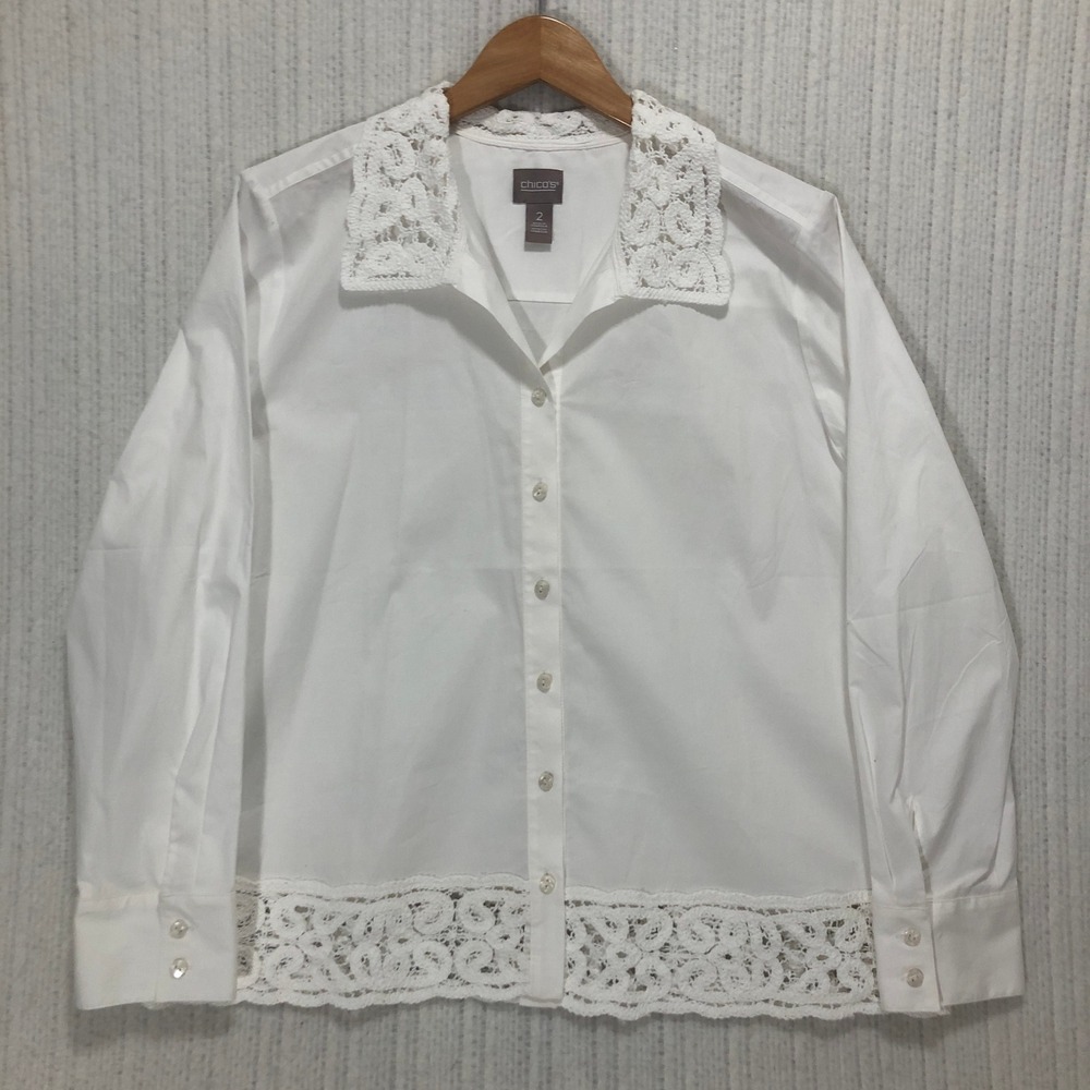 Chico's White Crochet Lace Trim Button Down Shirt Size 2 Large Long Sleeve Top - Picture 3 of 8